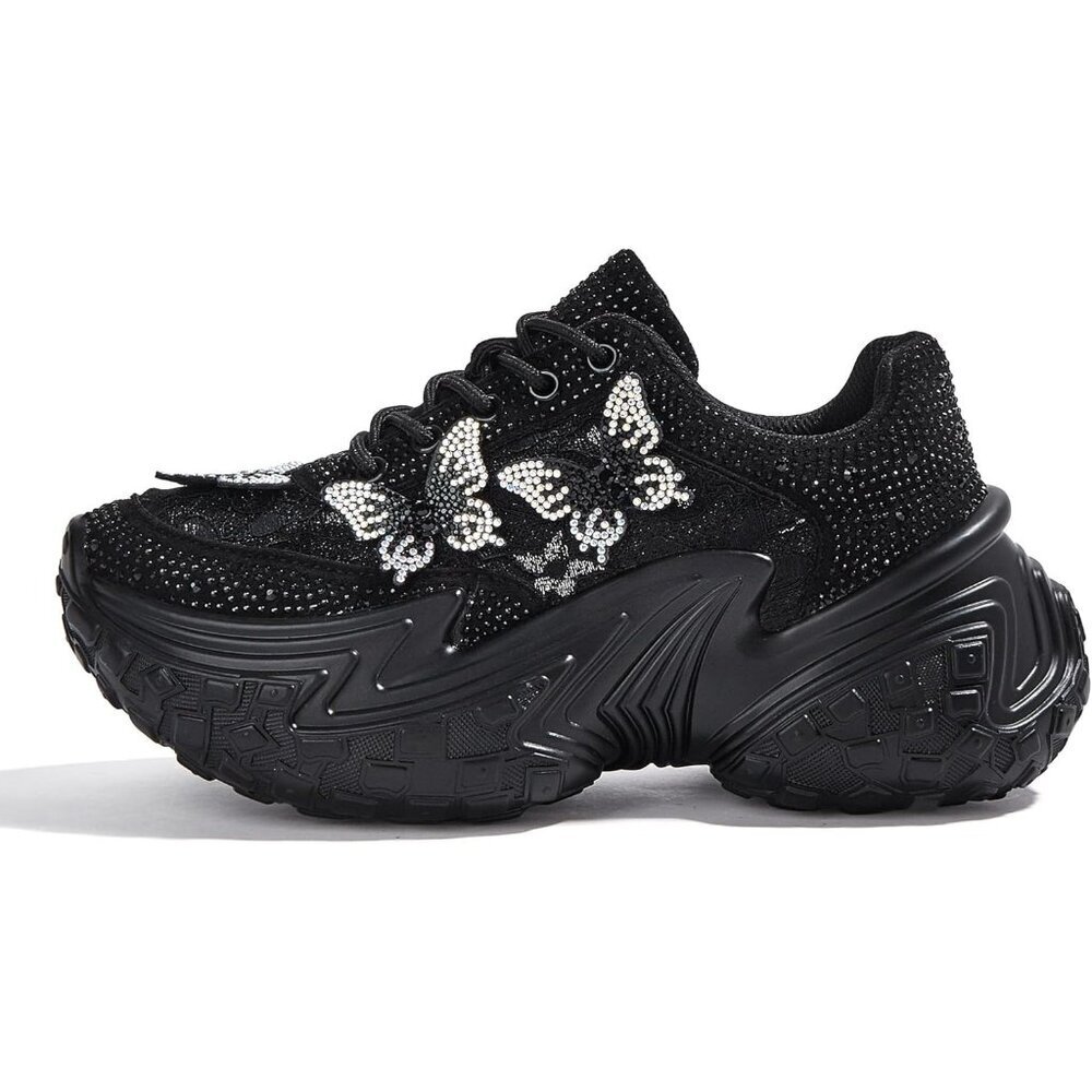 Women's Black Chunky Platform Fashion Rhinestone Sparkly Dad Walking Sneakers